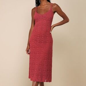 Lulus Sunset Vibes Rust Red Crochet Sleeveless Midi Dress - Size S
